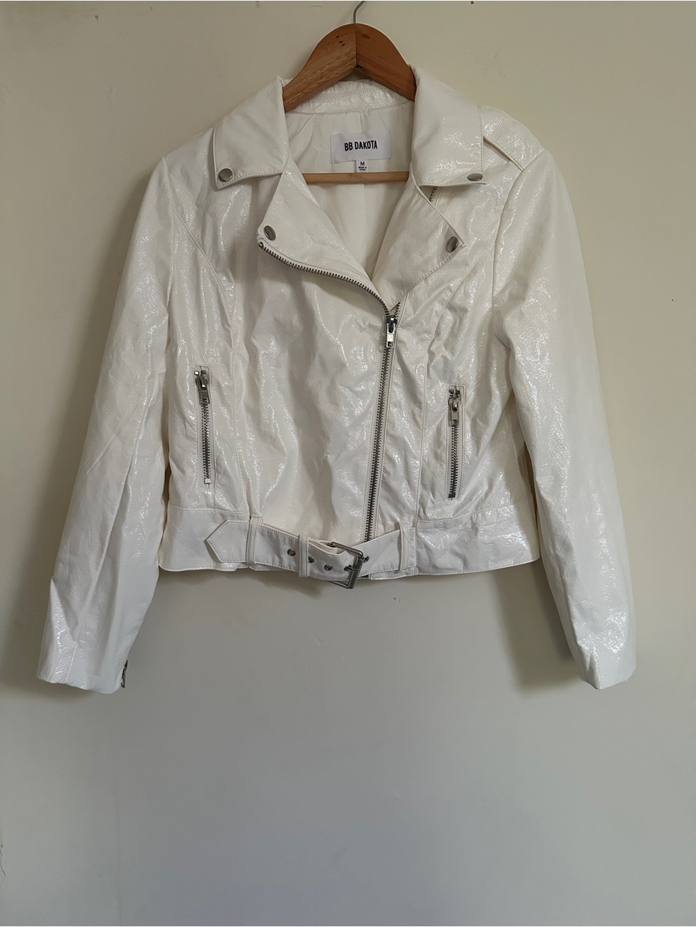 BB Dakota White Patent Moto Jacket with Belted Waist